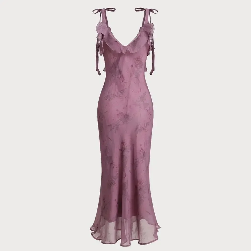 RIHOAS Purple Floral Ruffle Tie Strap Midi Dress S - Picture 2 of 4